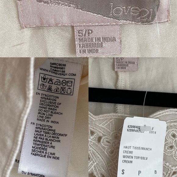 FOREVER 21 Cotton Boho Oversized Embroidered Blouse Cream S - Picture 4 of 4